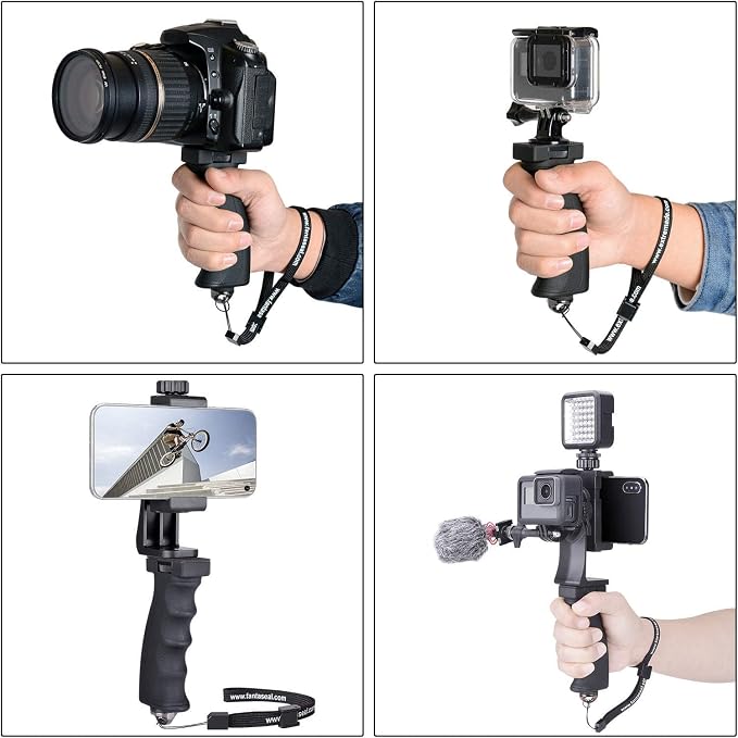 2in1 Ergonomic Portable Action Camera+Smartphone SYN Hand Grip Stabilizer Combo Mount Video Vlogging Rig Holder Kit for GoPro iPhone Interview Travel YouTube Tiktok Streaming-Mic+Light Adapter