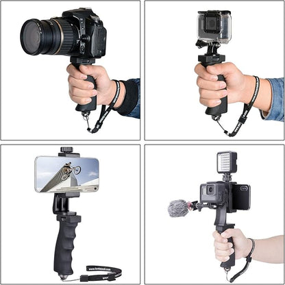 2in1 Ergonomic Portable Action Camera+Smartphone SYN Hand Grip Stabilizer Combo Mount Video Vlogging Rig Holder Kit for GoPro iPhone Interview Travel YouTube Tiktok Streaming-Mic+Light Adapter
