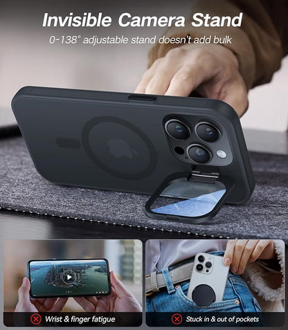 for iPhone 15 Pro Case with Camera Cover Stand [Built-in 9H Camera Lens Protector][Fit for Magsafe] Military Grade Shockproof Translucent Matte Magnetic Phone Case 6.1", Black