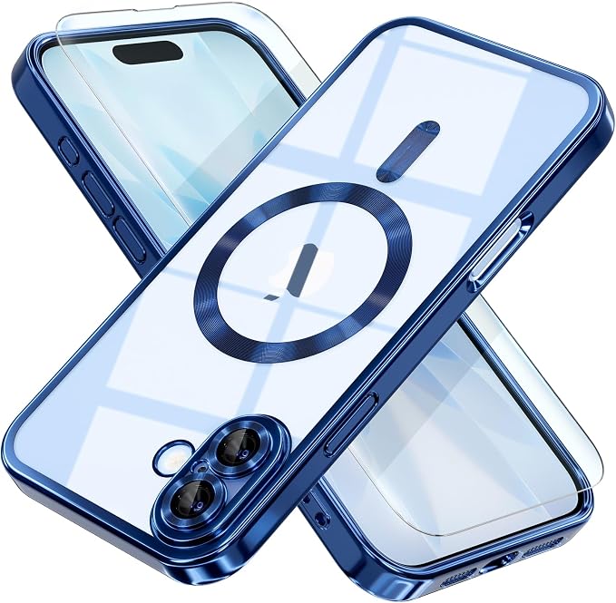 Misea Magnetic for iPhone 17 Case Compatible with MagSafe [Never Yellowing] [Military Grade Drop Protection] Full Camera Lens Protector Plating Soft Clear Phone Case for Women, Deep Blue