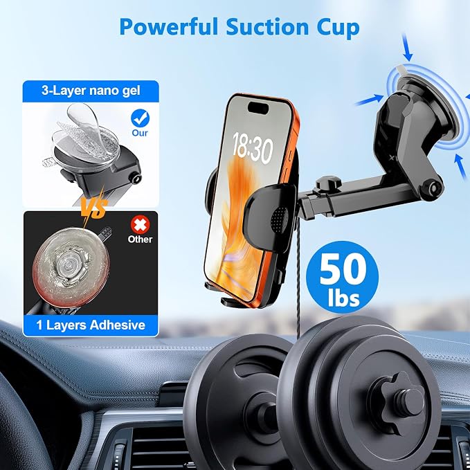 Car Phone Holder [2026 Updated Suction Cup] Long Arm 360°Rotation Phone Mount for Car Windshield Compatible with iPhone 17 Pro Max and Most Smartphones (Black)