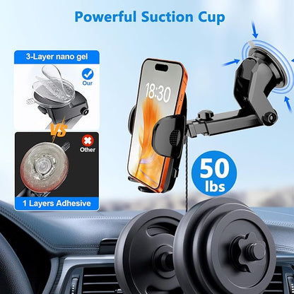 Car Phone Holder [2026 Updated Suction Cup] Long Arm 360°Rotation Phone Mount for Car Windshield Compatible with iPhone 17 Pro Max and Most Smartphones (Black)