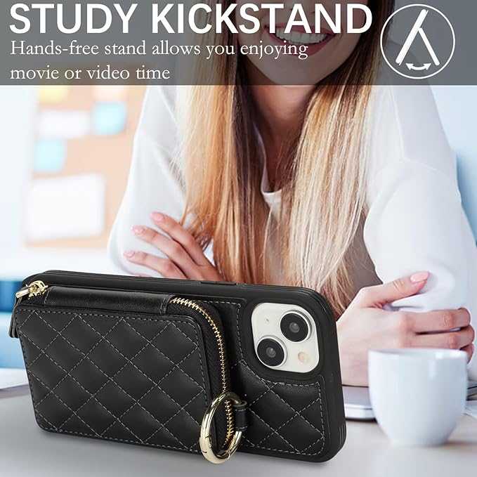 Crossbody Wallet Case for iPhone 14 Plus, PU Leather Zipper Handbag Purse Flip Cover, Kickstand Folio Case with Card Slots Holder Wrist Strap Lanyard 5G 6.7 Inch-Black