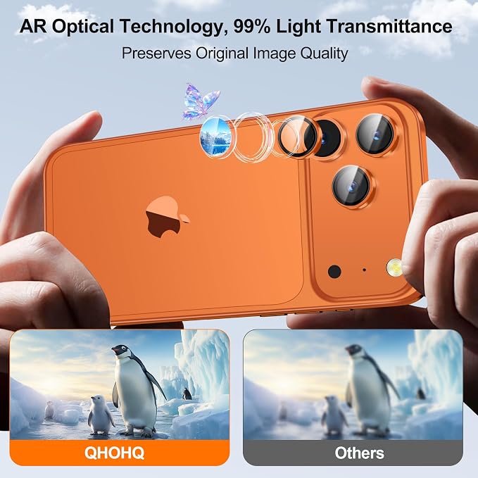 QHOHQ 2 Set Camera Lens Protector for iPhone 17 Pro Max/17 Pro/16 Pro Max/16 Pro/15 Pro Max/15 Pro, Individual Anti Shatter Lens Protector,[15FT Military Grade Protection],1-Second Auto-Install- Orange