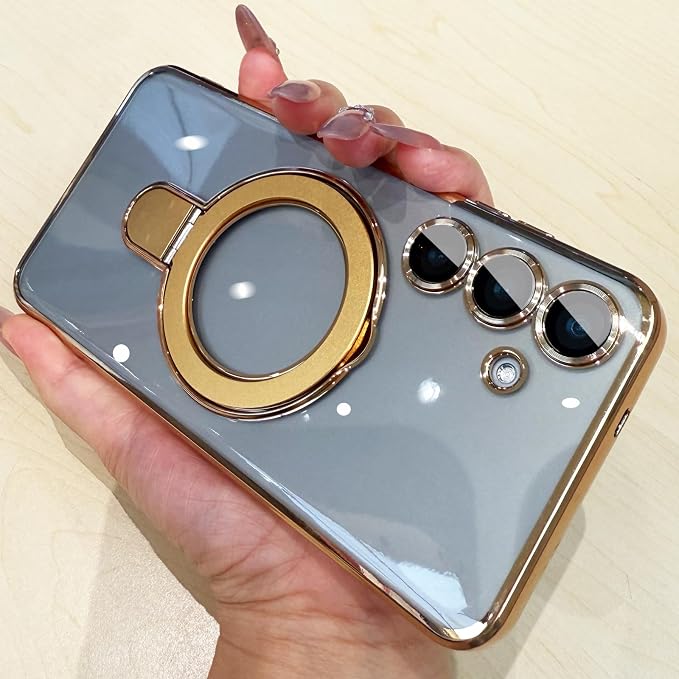 Magnetic Case for Samsung Galaxy S24 Case Stand & Ring Holder Compatible with MagSafe Built-in Camera Lens Protector Shockproof Phone Case for Samsung S24 - Gold