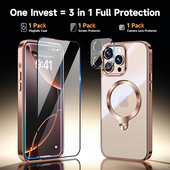 [Tri-Shield Protection] for iPhone 16 Pro Max Case with 360° Spin Stand Compatible with MagSafe [Magnetic CD Ring][Screen & Camera Lens Protector]Shockproof Plating Never-Yellowing, Desert Gold -6.9"