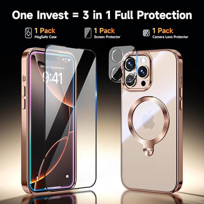 [Tri-Shield Protection] for iPhone 16 Pro Case with 360° Spin Stand Compatible with MagSafe [Magnetic CD Ring] [Screen & Camera Lens Protector] Shockproof Plating Never-Yellowing, Desert Gold-6.3"