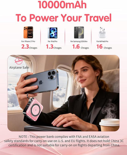 10000mAh for Magsafe Portable Charger Built-in Cables & AC Wall Plug,Pink | 6-in-1,PD 22.5W USB C Fast Charging,15W Magnetic Wireless Charging,Charge 5 devices at once,LED Display Travel Power Bank
