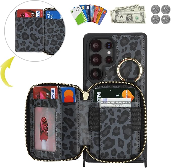 Crossbody Wallet Case for Galaxy S25 Ultra, PU Leather Zipper Handbag Purse Flip Cover, Kickstand Folio Case with Card Slots Holder Wrist Strap Lanyard -Black Leopard
