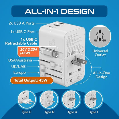 Ceptics 5 in 1 International Travel Adapter with PD 45W Retractable USB-C Cable 65cm, 2X USB-A 2.4A, 1x USB-C 3A, Travel Adapter Worldwide for Laptop, Phones and Cameras for US, EU, UK, UP-45WC-WH | 5 in 1 Design, International Power Adapter for USA, E...