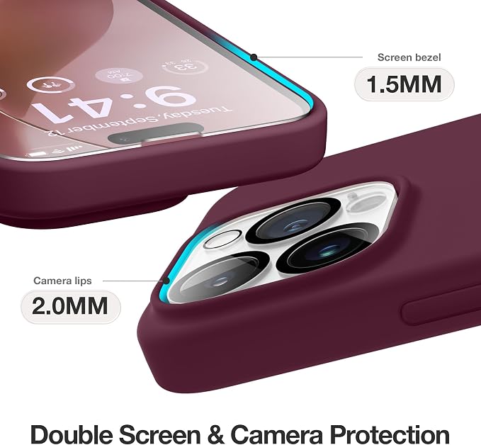 GONEZ for iPhone 14 Pro Case, Compatible with Magsafe, with Screen Protector + Camera Lens Protector, Soft Anti-Scratch Microfiber Lining, Shockproof Liquid Silicone Phone Cover, Wine Red