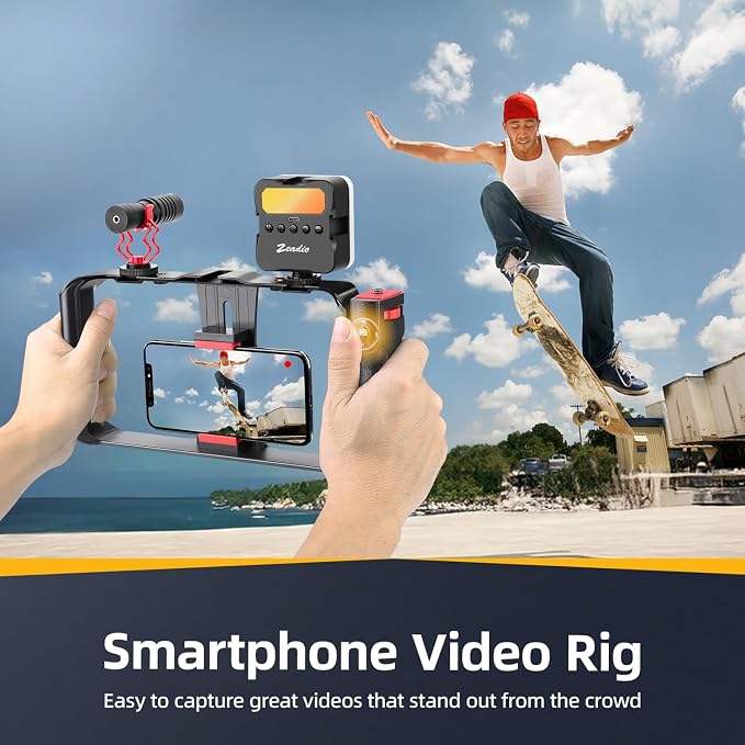 Zeadio Universal Smartphone Vlogging Kit with RGB Light & Microphone - Cell Phone Stabilizer Cage for iPhone/Android, Content Creator etc