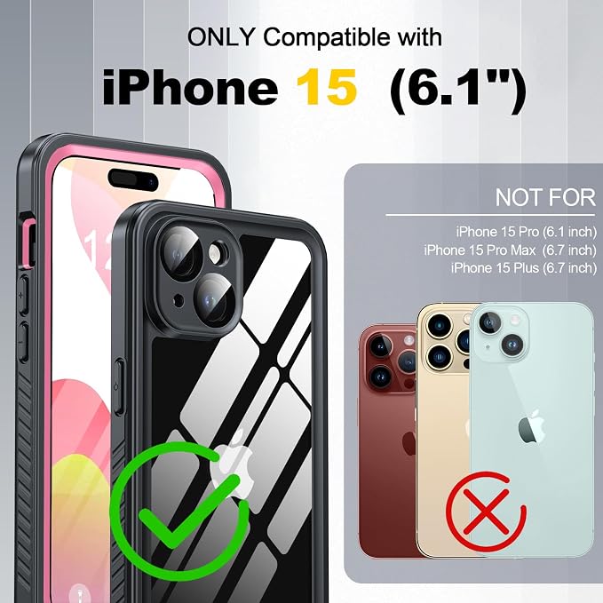 for iPhone 15 Case Waterproof - Built-in Privacy Screen Protector & HD Screen Protector [IP68 Underwater] Shockproof Dustproof Full Body Protection iPhone 15 Phone Case Pink