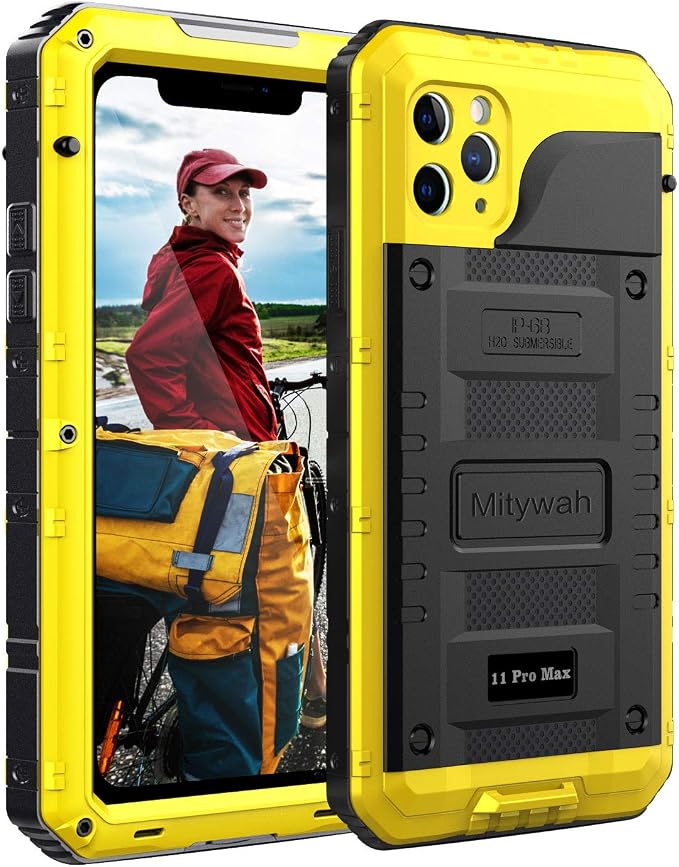 Mitywah Waterproof Case for iPhone 11 Pro Max, Heavy Duty Military Grade Phone Case Built-in Screen Protection, 360° Full Body Protector Metal Rugged Case, Yellow