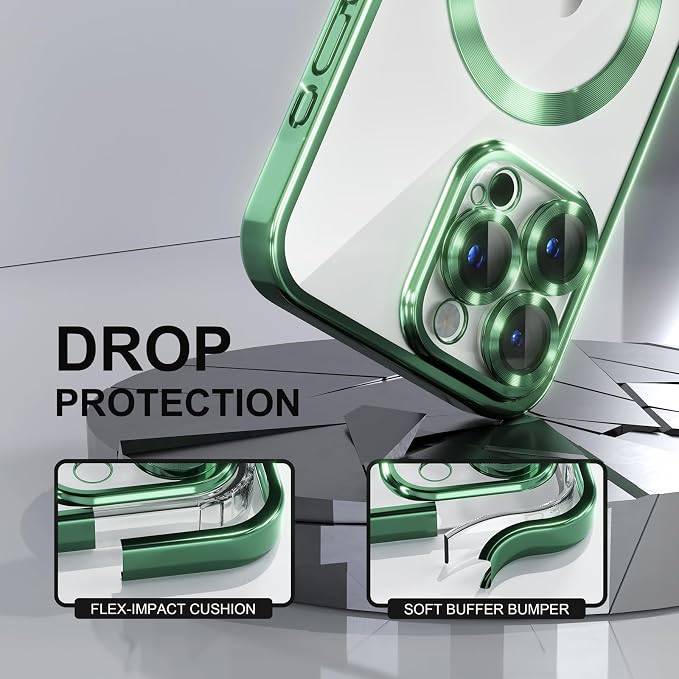 Misea Magnetic for iPhone 15 Pro Max Case with MagSafe [Never Yellowing] [Military Grade Drop Protection] Full Camera Lens Protector Plating Soft Clear Phone Case for Women Girls, Green