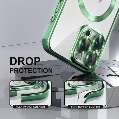 Misea Magnetic for iPhone 15 Pro Max Case with MagSafe [Never Yellowing] [Military Grade Drop Protection] Full Camera Lens Protector Plating Soft Clear Phone Case for Women Girls, Green
