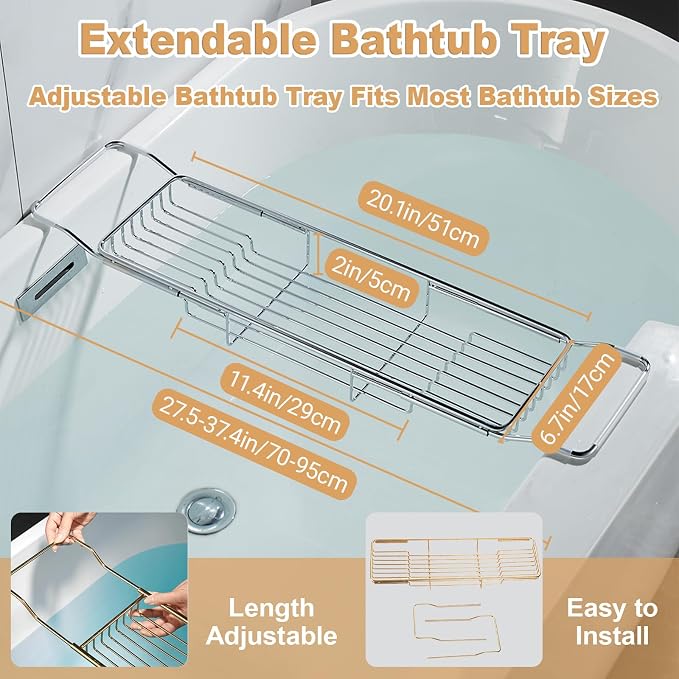 Stainless Steel Bathtub Caddy Tray, Expandable Bathtub Holder Table, Adjustable Bathroom Tray, Bath Organizer Tub Shelf,Gold,26.8~35.4in