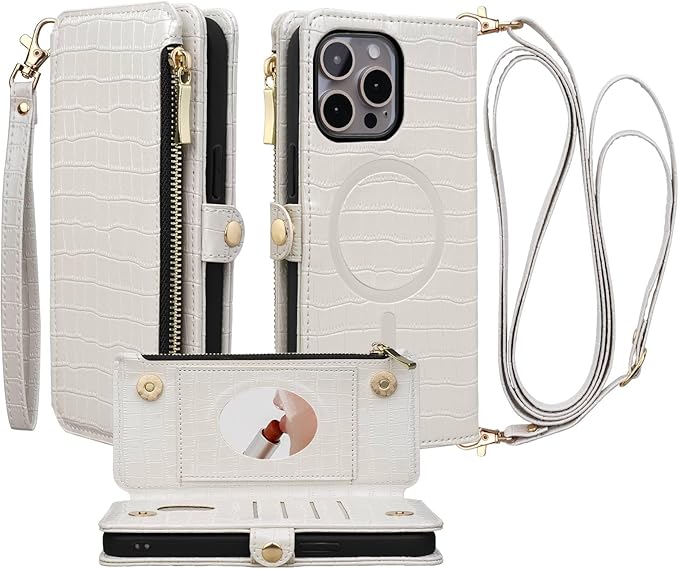 Crossbody Wallet Case for iPhone 15 Pro Max with Mirror, Wrist Strap, Zipper Purse Magnetic Flip RFID Blocking Card Holder, Wireless Charging, PU Leather Shockproof 6.7" Women (White)
