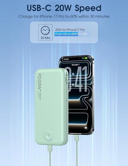 Nusyddy Portable Charger 10000mAh PD20W w/Built-in Cables & Wall Plug Green | PD20W Fast Charging, Battery Indicator, Pass Through Charging, TSA Approved, Compact/Slim, Power Bank for iPhone/iPad/Samsung