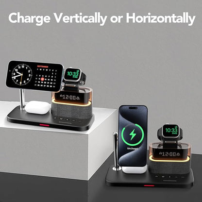 5 in 1 Wireless Charging Station for Apple,Mag-Safe Charger with Alarm Clock Night Light for Multiple Devices,Nightstand Charging Station for iPhone 17/16/15/14/13/12,Apple Watch Series,Air-Pods