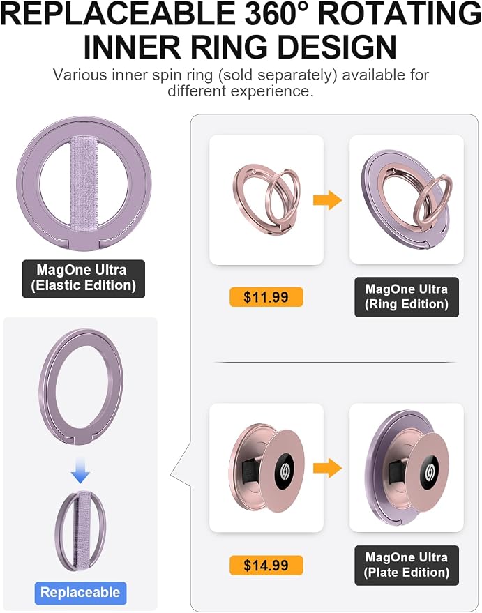 EWA MagOne Ultra for Magsafe Phone Grip Kickstand [Replaceable Elastic Finger Loop], Mag Safe Ring Holder Stand, Two-Sided Magnetic Phone Accessories for iPhone 17,16,15,14,13,12 Pro/Max/Plus-Purple
