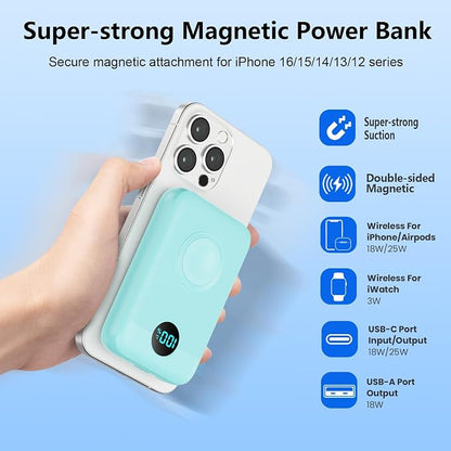 Magnetic Portable Charger for iPhone,10800mAh 25W PD QC4.0 Fast Charging USB C Power Bank,4 Output Dual-Side Magnet Travel Essentials Battery Pack for iPhone 17/Air/16/15/14/13/12 Series (Green)