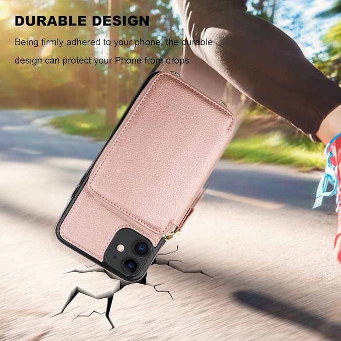 Bocasal RFID Blocking Wallet Case for iPhone 11, Adjustable Crossbody Zipper Purse Case Card Holder with Kickstand Detachable Wrist Strap, PU Leather Flip Folio Case 6.1 Inch (Rose Gold)