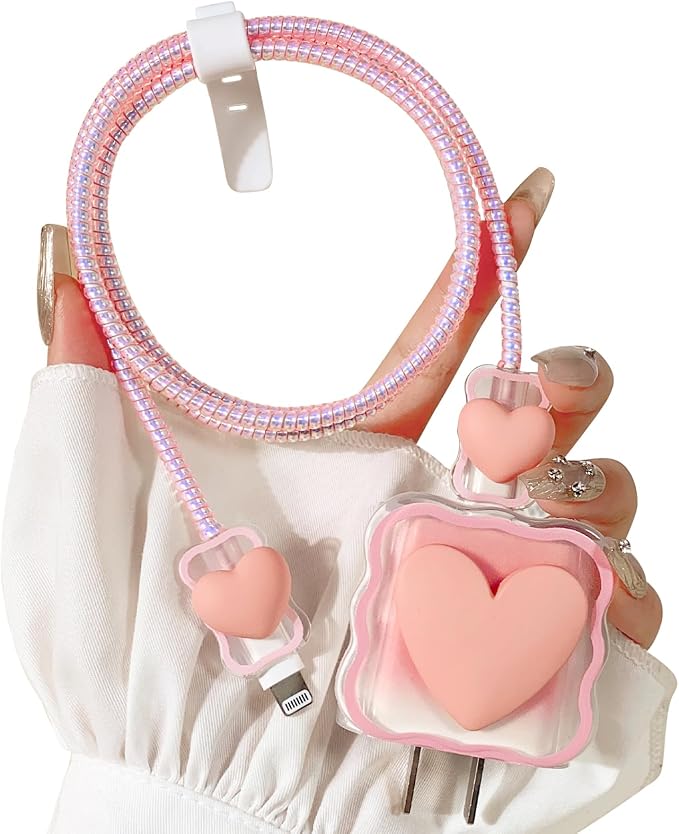 Lovmooful Compatible for iPhone 18W/20W USB-C Charger Cover Clear Lovely 3D Love Heart Waves Design Soft Charger Protector Cute Cable Case Saver Protector for Girls Women-Pink Heart