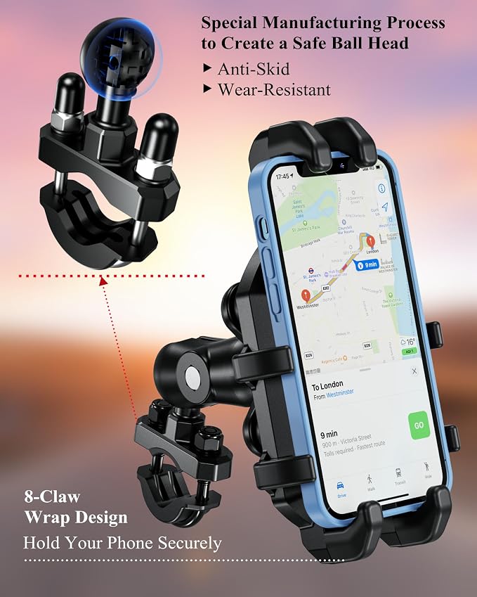 BRCOVAN Motorcycle Phone Mount Holder with Vibration Dampener, Anti-Shake Handlebar Cellphone Cradle for Bike Bicycle Scooter ATV, Adjustable Fit 5.4-6.9'' Smartphone