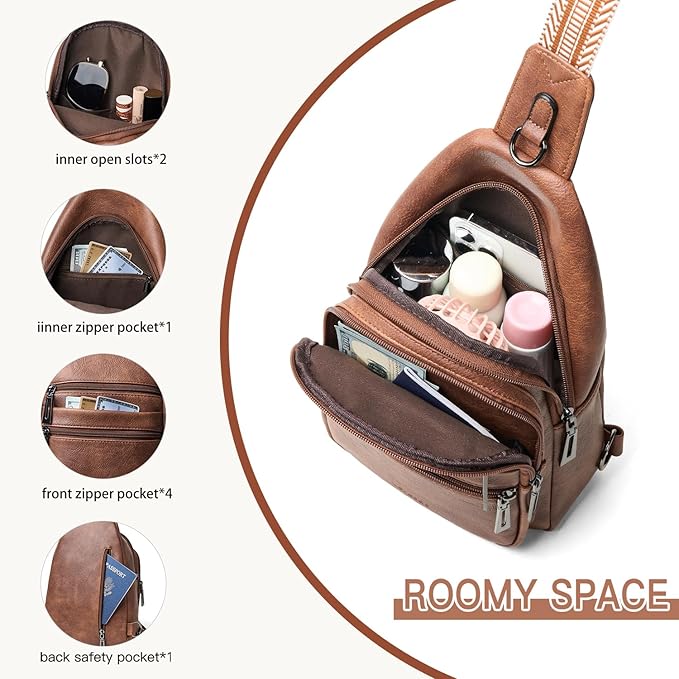 Leresas Sling Bag for Women Crossbody Bags Fanny Packs Over Shoulder Bag Sling Purse Backpack Vegan Leather Travel Handbag Purse Gifts Brown
