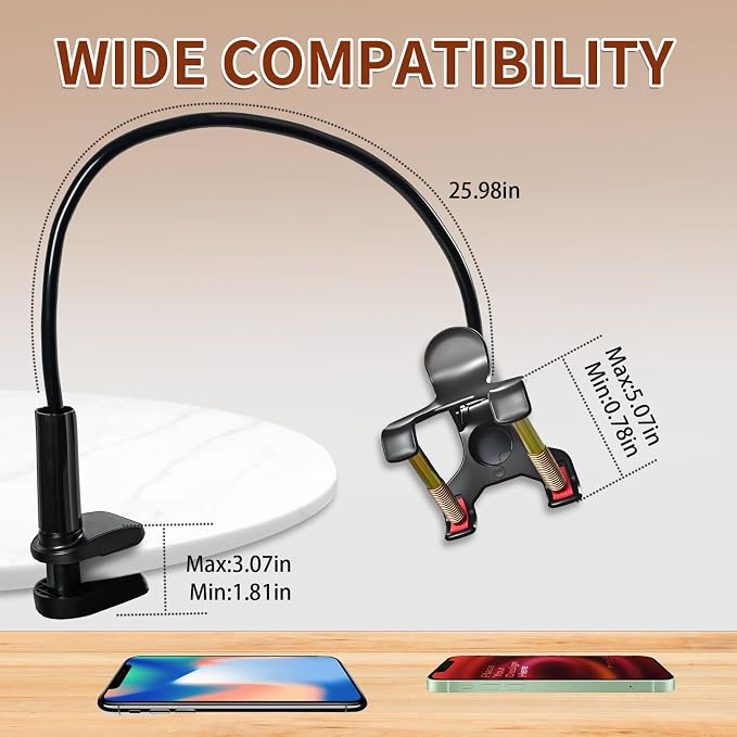 Gooseneck Phone Clamp Mount for Bed, 360° Flexible Arm, Heavy Duty & Stable, Anti-Slip Silicone Grip, Universal for 4–7" Smartphones, Compatible with iPhone 15/14/13 Pro Max, Samsung Galaxy S23/S22