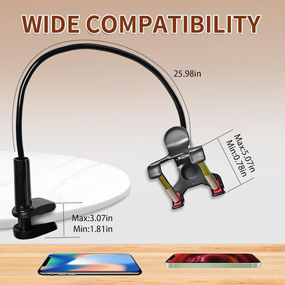Gooseneck Phone Clamp Mount for Bed, 360° Flexible Arm, Heavy Duty & Stable, Anti-Slip Silicone Grip, Universal for 4–7" Smartphones, Compatible with iPhone 15/14/13 Pro Max, Samsung Galaxy S23/S22