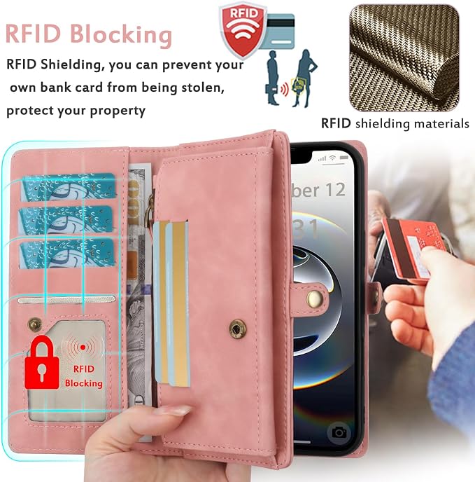 for Wallet Case Compatible with iPhone 16e / 17e,Multi-Function Detachable 2 in 1 Magnetic iPhone 16e/17e Case Wallet,Flip Strap Zipper Card Holder Phone Case with Shoulder Straps (Pink)