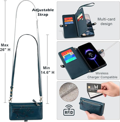 Lacass for iPhone 17 Pro Case Wallet,[Cards Theft Scan Protection] Card Holder Zipper Leather Flip Cover Crossbody Wrist Strap with Stand (Floral Cyan Green)