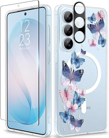 GVIEWIN for Samsung Galaxy S26 Case Compatible with MagSafe, Clear Floral Shockproof Protective Women Phone Case, Non-Yellowing, Screen & Camera Lens Protector for Galaxy S26 6.3", Colorful Butterfly