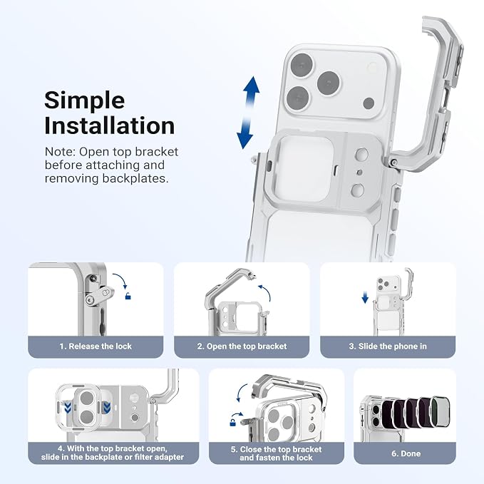 NEEWER ND Filter Set for PA143/PA144 Phone Cage Only, Neutral Density ND8/16/32/64 + Black Diffusion 1/4 + Magnetic Backplate, Filter Accessories Kit Compatible with iPhone 17 Pro/17 Pro Max, Silver