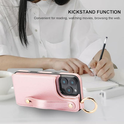 Folosu for iPhone 16 Pro Max Wallet Case with Card Holder, Hand Wrist Strap Loop Holder Kickstand, RFID Blocking Finger Grip Ring PU Leather Double Buttons Shockproof Cover 6.9" Rose Gold