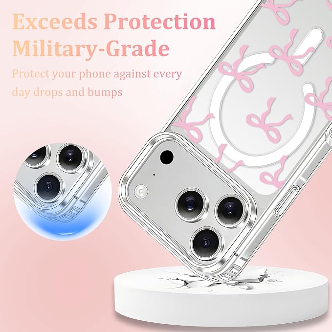 Magnetic Bow Case for iPhone 17 Pro Max,with Screen Protector & Camera Lens Protector, Slim Clear Phone Cover Anti-Yellowing Shockproof Protective Cover for Women Girl - Pink