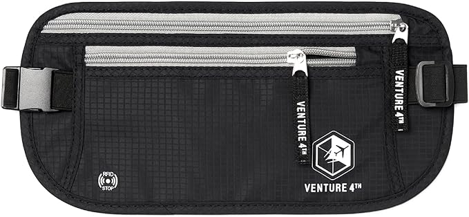 VENTURE 4TH Money Belt for Travel – Hidden Under-Clothes RFID Blocking Passport Holder & Slim Travel Wallet Pouch for Men & Women to Protect Cash, Cards & Documents (Black)