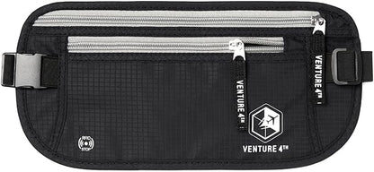 VENTURE 4TH Money Belt for Travel – Hidden Under-Clothes RFID Blocking Passport Holder & Slim Travel Wallet Pouch for Men & Women to Protect Cash, Cards & Documents (Black)