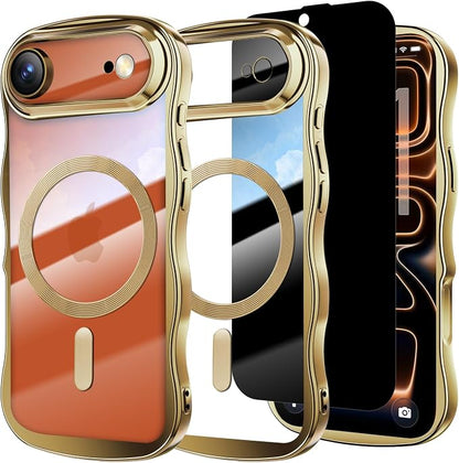 Misscase for iPhone Air Case with Privacy Screen Protector,Compatible with MagSafe,Cute Wave Frame Anti-Scratch Case with Camera Lens Protector Plating Bling Case for iPhone 17 Air Gold
