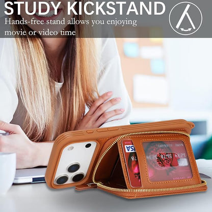 Crossbody Wallet Case for iPhone 17 Pro, PU Leather Zipper Handbag Purse Flip Cover, Kickstand Folio Case with Card Slots Holder Wrist Strap Lanyard 5G 6.3 Inch-Brown
