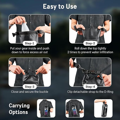 Pelican Marine IP68 Waterproof Dry Bag 2L - Roll Top Waterproof Backpack w/Phone Case/Pouch - Boating & Kayak Accessories - Essentials for Camping Swimming Beach Fishing Rafting Travel - Black