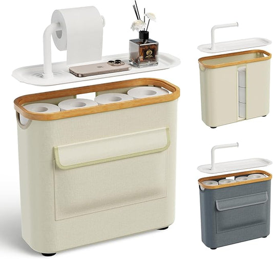TAZENI Toilet Paper Storage Basket Holder Holds 9-12 +1 Rolls Elegant Multi-Functional Bathroom Toilet Paper Holder Stand Storage Organizer Waterproof with Tray Hold Phone Wet Wipes Beige