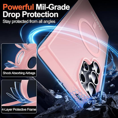 MOZOTER for Samsung Galaxy S24 Ultra Case,[Compatible with MagSafe] Pink | [12Ft Military Dropproof][2*Screen Protector]Translucent Anti-Slip Back Slim Shockproof Case for S24 Ultra-Pink