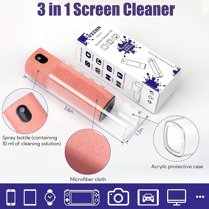 50 Pack Screen Cleaner 3-in-1 Screen Cleaner Spray and Wipe Built-in Cleaning Solution Touchscreen Mist Cleaner for All Car Screen Phone Laptop iPad TV Monitor,Pink