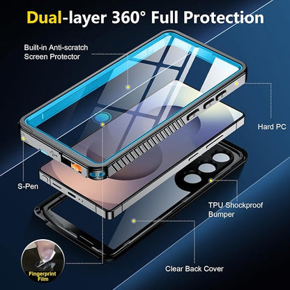 SPIDERCASE Upgraded for Samsung Galaxy S25 Ultra Case Waterproof,Built-in Screen & Camera Lens Protector[IP68 Underwater] [Military Grade Shockproof] Full Body Protection Phone Case, Blue/Clear