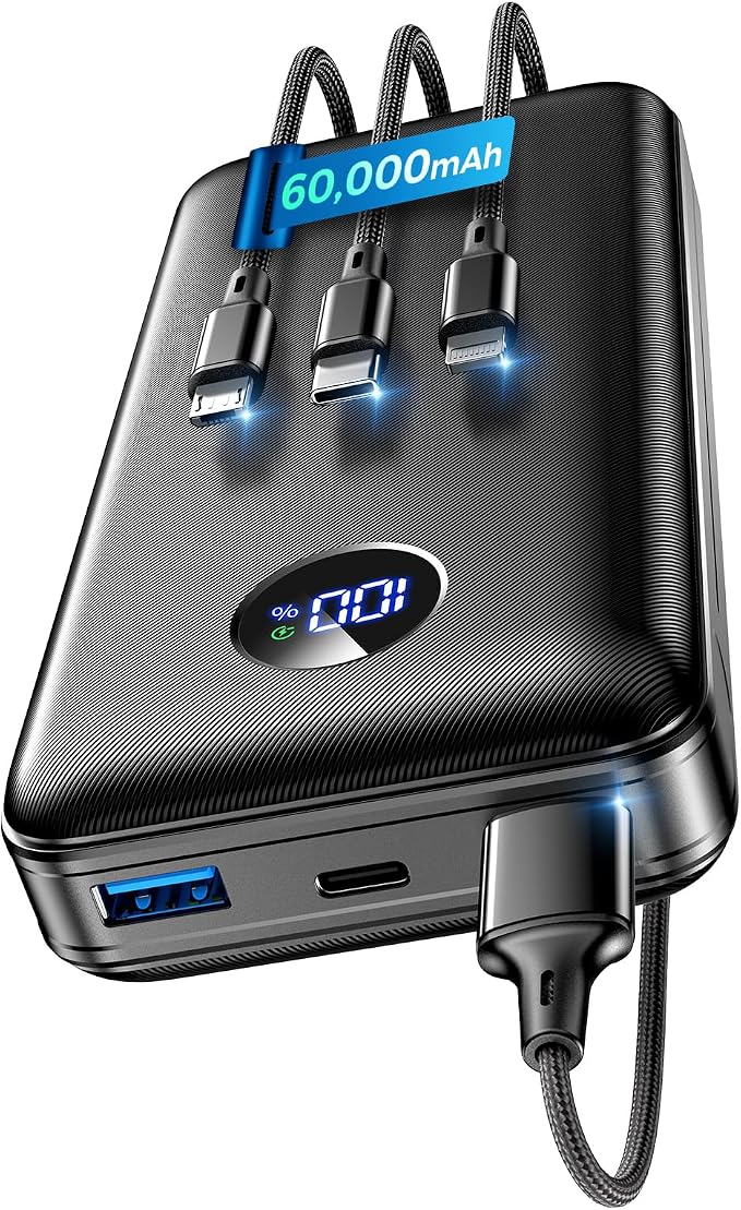 Portable Charger Power Bank - 60,000mAh Battery Pack, 22.5W Fast Charging Phone Charger Attached USB-C/iOS/Micro-USB Cable, Powerbank for iPhone 17 16 15 14 13 Samsung, for Travel Camping Essentials