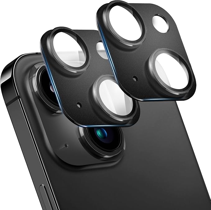 2 Pack Camera Lens Protector for iPhone 14/14 Plus,Metal AR Tempered Glass Rear Camera Screen Cover,Anti-Scratch,Strong Adsorption,Case Friendly, Easy to Install-Black