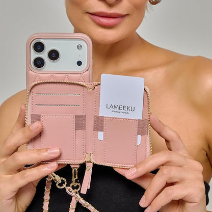 LAMEEKU for iPhone 17 Pro Max Crossbody Case Wallet, Leather Zipper Cover with Card Holder Wrist Strap for Women 6.9'' Pink